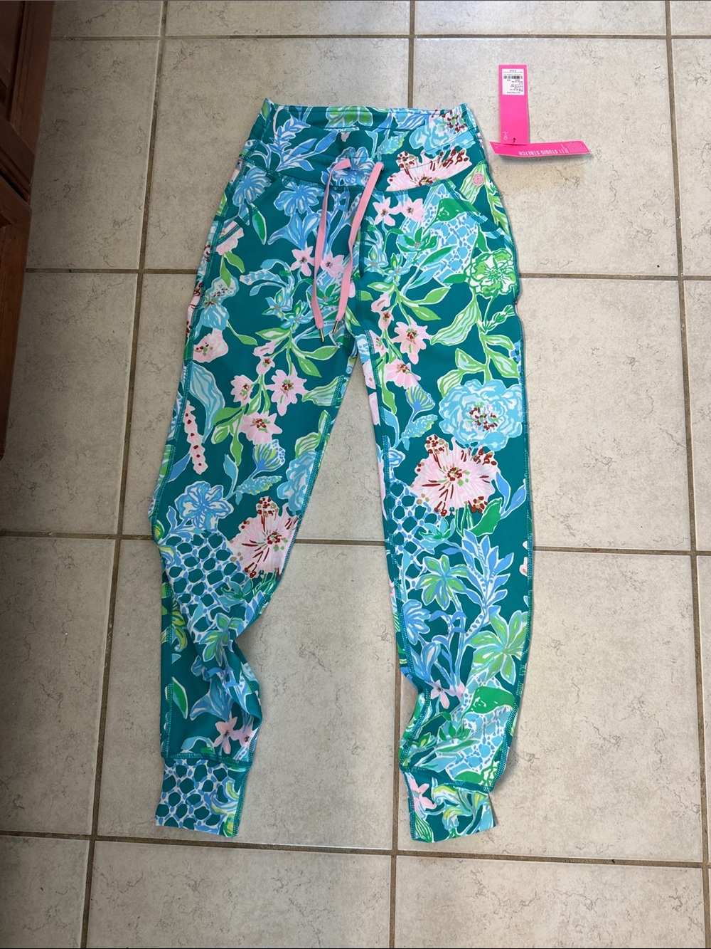 Lilly Pulitzer Teal Floral Jogger Pants with Pink Drawstring
